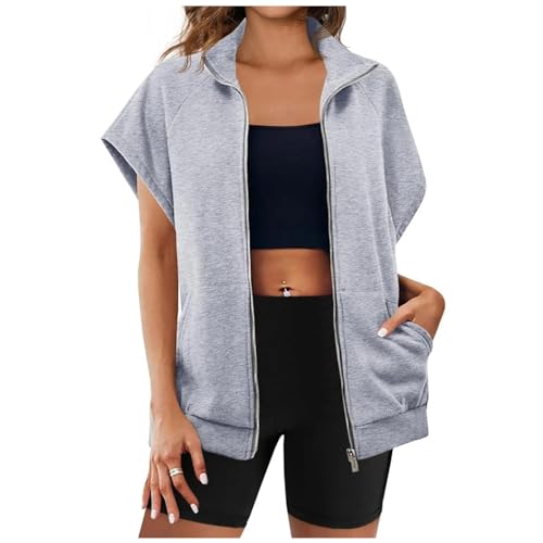 Womens Oversized Zip Up Sweatshirts Short Sleeve Hoodie Lightweight Jackets Vest Summer Lightweight Coat Tops