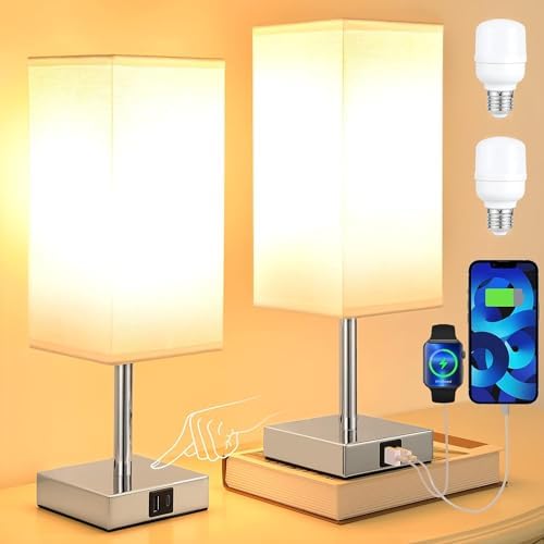 Lot 2 Lampes Avec Ampoules LED Lot De 2 Lampes De Chevet Tactiles Avec Ports USB-A C Et Prise - Gradation 3 Niveaux, Ampoules Incluses