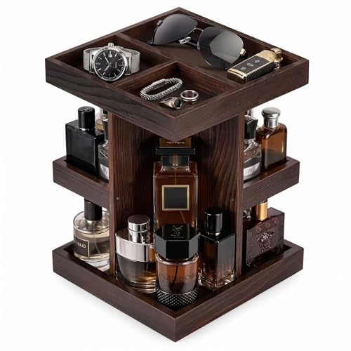 ProCase Présentoir Parfum Rotatif en Bois pour Homme, Rangement Parfum 3 Niveaux avec Base Tournante, Étagère Élégante pour Montres et Accessoires -Marron