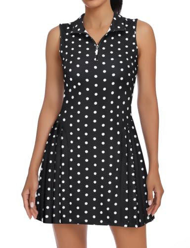 Koscacy Womens Tennis Dress Sleeveless Pleated Golf Dresses with Shorts 1/4 Zip Up Polo Collar Workout Athletic Outfits Black Polka Dots