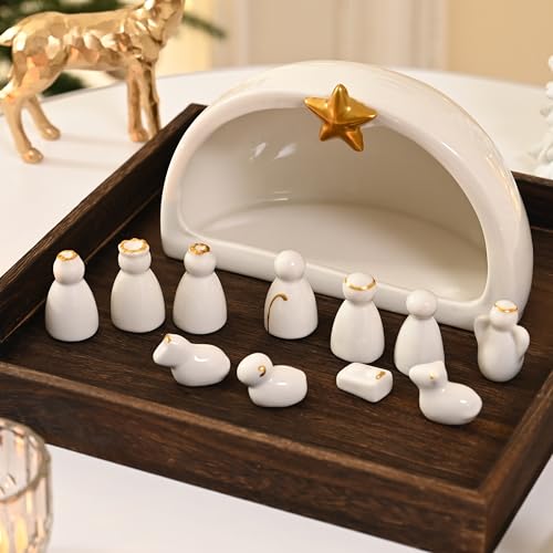 FESTGLOX Small Ceramic Nativity Scene Set, 12Pcs White Porcelain Nativity Scene, Christmas Holy Family Miniature Figurines for Xmas Tabletop Decor
