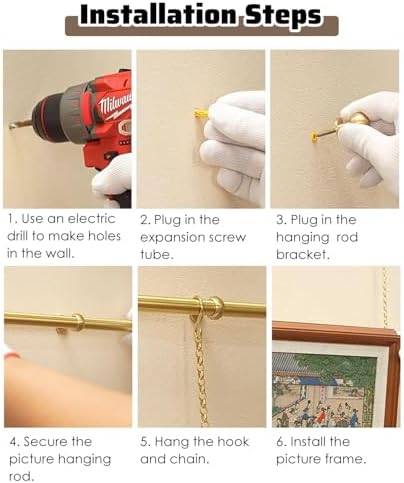 Brass Picture Rail Hanging System with Adjustable Chain & Hooks, Heavy Duty Mirror Display Kit for Drywall & Cement Walls, 75 Inch (191cm) Wire for Art & Decor
