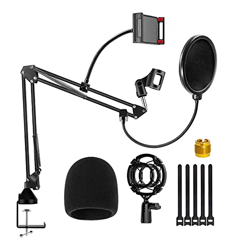 Microphone Stand With CellPhone Holder,Mic Boom Arm Desk Adjustable Suspension Boom Arm Scissor for Blue Yeti Snowball,Mic Arm Stands with Mic Pop Filter,Shock Mount,Phone Holder,5/8