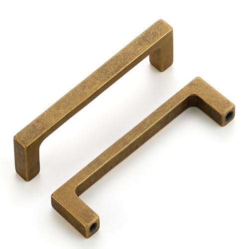 Image of Ravinte Antique Brass Kitchen Cabinet Solid Handles,4 Inch,10 Pack | Solid Zinc Alloy, Modern Slim Style, Square Design, Deep-Thread Firm Base, Screws Included, for Kitchen Drawers & Cupboards