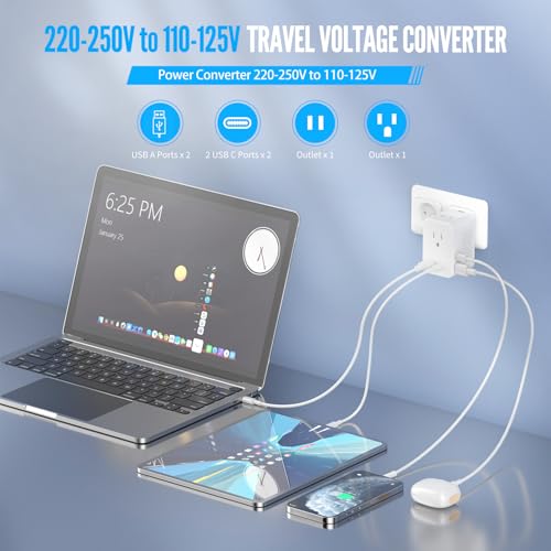 220V to 110V Voltage Converter US to Europe Travel, Adapter Plug Converter for European Travel with 20W PD & 2 USB-A & 2 USB-C Port, European Power Converter Combo USA to Spain Italy France (White)​4