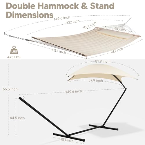 Image of SUNCREAT Portable Outdoor Hammock with Stand, Sun-Protective Canopy, Beige