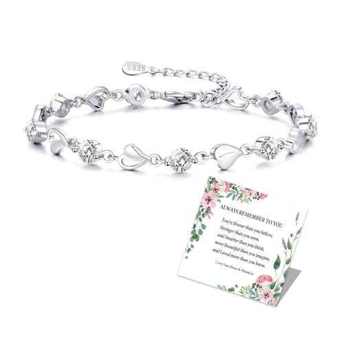 MOROTOLE 925 Sterling Silver Bracelets for Women, Shiny Cubic Zirconia Heart Bracelets with Card Djustable Silver Bracelet for Women Trendy Jewellery Birthday Gift