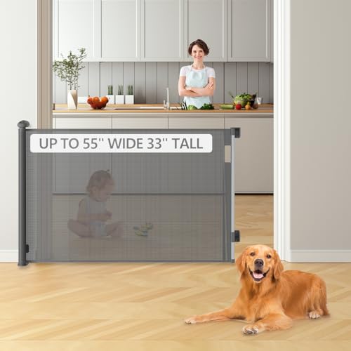 Image of Bulubaky Retractable Baby Gates Dog Gates, Sturdy Mesh Safety Child Gate, 33" Tall Extends up to 55" Wide Extra Long Sliding Gate for Doorway Hallway Stair Porch Gates for Kids or Pets Indoor Outdoor