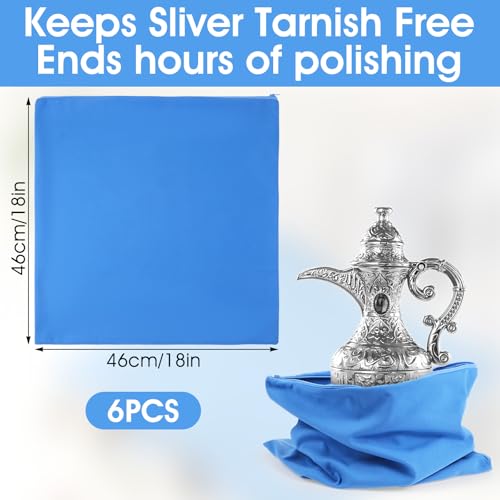Image of 6 Pcs Zippered Silver Storage Bags Anti Tarnish 18 x 18 Inch Large Silver Organizer Pouches Anti Tarnish Jewelry Bags for Jewelry Flatware Silverware Storage Protection (Blue)