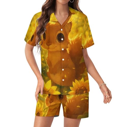 Image of SMAZDFXX Squirrel & Sunflower Womens Silk-Like Satin Pajamas Short Sleeve Casual Loungewear Set