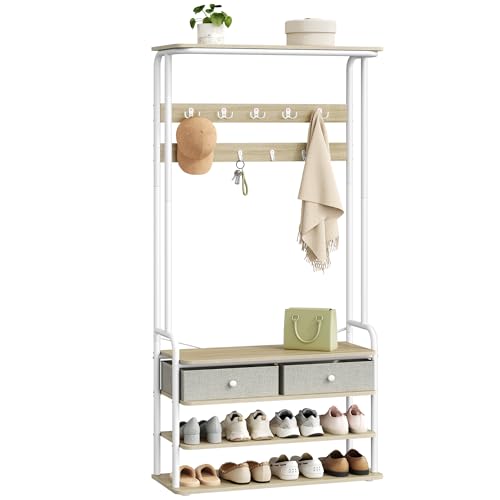 Hzuaneri Meuble d'Entrée, Porte-Manteau avec Porte-Chaussures, 2 Tiroirs en Tissu, 9 Crochets, 30 x 80 x 180 cm, Moderner, Autonome pour Couloir, Séjour,...