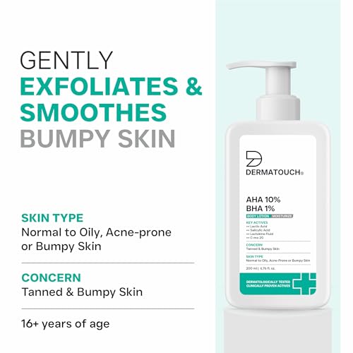 Image of DERMATOUCH AHA 10% BHA 1% Body Lotion For Men and Women | Body lotion For Dry Skin - De-tan, Moisturizing & Bumpy Skin | Suitable For All Skin Types | 200ml (Pack of 2)