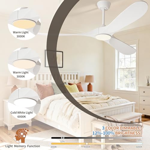 Image of 72 inch White Ceiling Fan with Light and Remote, Large Modern Outdoor Ceiling Fans with Lights for Patios Porch Indoor Living Room Bedroom Wood 3 Blade Propeller High CFM Damp Rated Fan