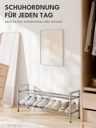 Image of Bumusty 2 Tier Expandable Shoe Rack for Closet, 18 inch-33 inch Adjustable Shoe Rack for Small Space, Small Shoe Organizer for Front Door, Sturdy Metal, Light Grey