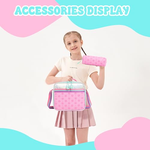 Image of Meetbelify Pink Backpack with Wheels for Girls Rolling Letter Backpack Cute Carry on Backpack Kids Luggage with Lunch Box Pencil Case for Elementary Student