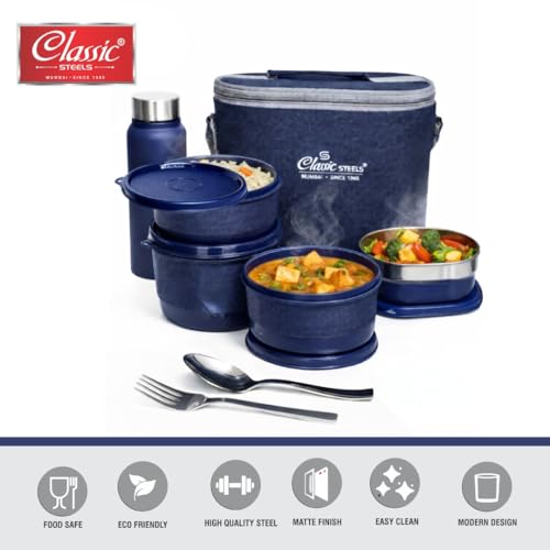 Image of Classic Steels Urban Premium Steel Lunch Box Set of 7 with Insulated Carry Bag Includes 4 Microwave Safe Leak-Proof Containers 1100 ml & 500ml Steel Bottle | BPA Free, Food Grade with Heavy Cutlery