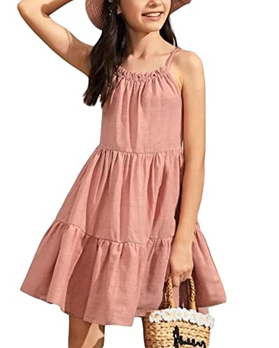Fommykin Girl's Sundress Kids Spaghetti Strap Beach Linen Flowy Dress Cute Tiered Cami Tank Dress for 6-14 Years