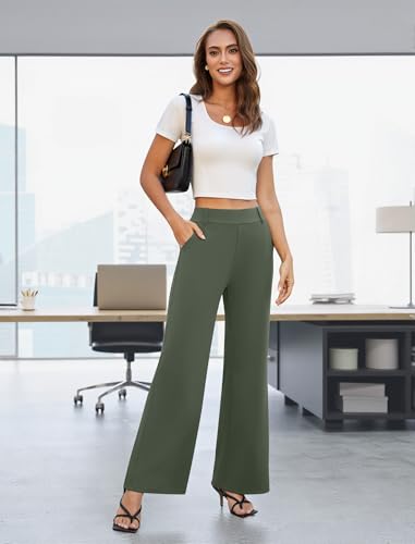 FireSwan Women's Wide Leg Dress Pants High Waisted Stretchy Work Trousers Business Casual Office Pull on Slacks with Pockets Olive Green3