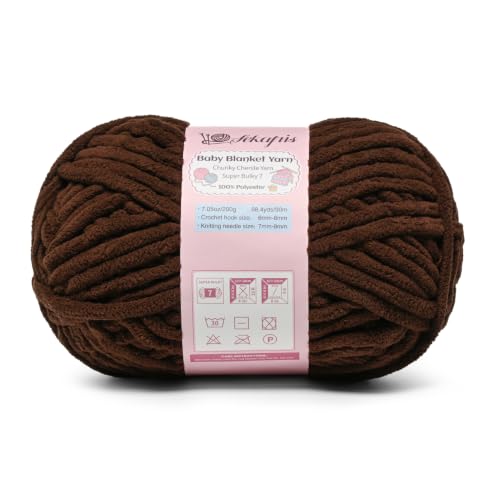 Image of Coffee 7.05 oz /98.4 yds Chunky Chenille Yarn for Crocheting, #7 Super Bulky Baby Blanket Yarn for Crocheting Soft, Fluffy Velvet Yarn for Knitting, Amigurumi Crochet Yarn for Crafts