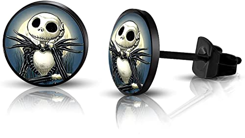 SIISPRI 316L Surgical Stainless Steel Halloween Jack Skellington Round Circle Button Stud Post Earrings 10MM3
