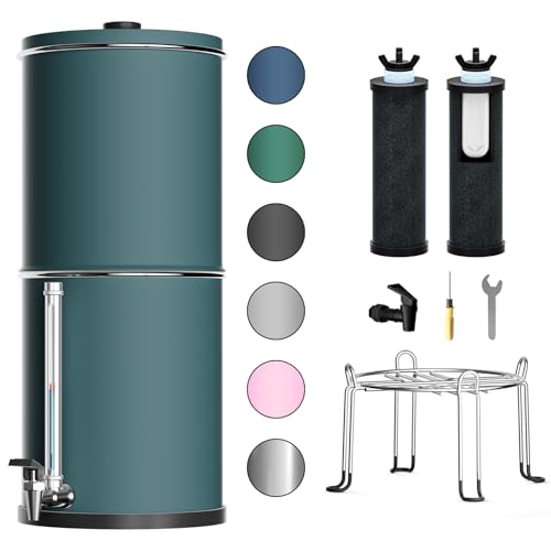Purewell 3-Stage 0.01μm Ultra-Filtration Gravity Water Filter System, 304 Stainless Steel Countertop System with 2 Filters, Metal Water Level Spigot and Stand, Reduce 99% Chlorine, 2.25G, PW-OB-K