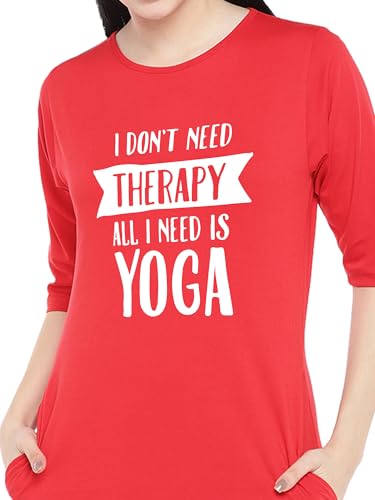 Image of STATUS MANTRA Women's Long T-Shirt Dress - Cotton Casual Knee Length Dress with 3 /4 Sleeves | Soft Bio-Washed Fabric, Crew Neck, Relaxed Fit | Comfy Summer Lounge Wear