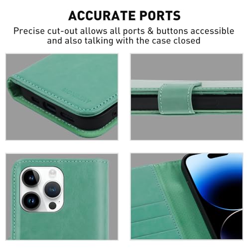 Image of MONASAY Vegan Leather Fit for iPhone 14 Pro Max 5G Wallet Case, 6.7-inch, [Glass Screen Protector Included] [RFID Blocking] Flip Folio Phone Cover with Credit Card Holder,Mint