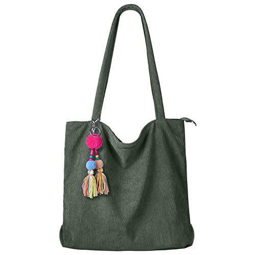 Image of FITDON Corduroy Totes Bag with Zip, Shoulder Bags Handbags Women's Hobos Large Capacity Shopping Bag with Inner Pocket, Green