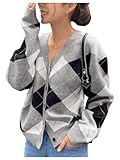 SHENHE Women's Argyle Sweater Button Down V Neck Plaid Cardigan Sweater Outerwear Grey Large
