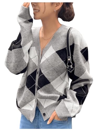 SHENHE Women's Argyle Sweater Button Down V Neck Plaid Cardigan Sweater Outerwear