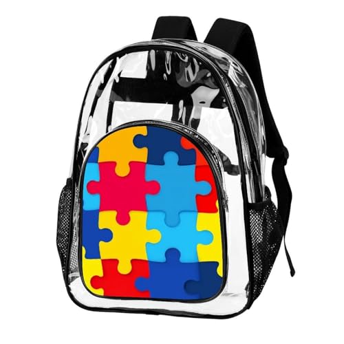 Water-Resistant Portable Transparent Backpacks with Side Mesh Pockets for Women and Men Casual Daily Use (Autism Awareness Colorful Puzzles)2