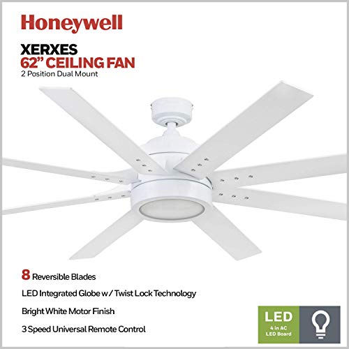 Image of Honeywell Ceiling Fans Xerxes Modern 62 Inch Ceiling Fan with Light, Remote Control Fan, LED Indoor Fan with 8 Blades, White and Gray Wash Blade Finish Options, White (51628-01)