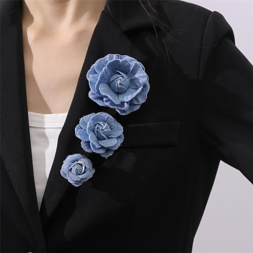 Image of Fashion Denim Camellia Flower Lapel Brooch Pin for Women Girls Fabric Floral Bouquet Corsage Pins Clip Sweater Coat Dress Suit Backpack Brooches Pins Boho Jewelry Gifts Clothes Accessories