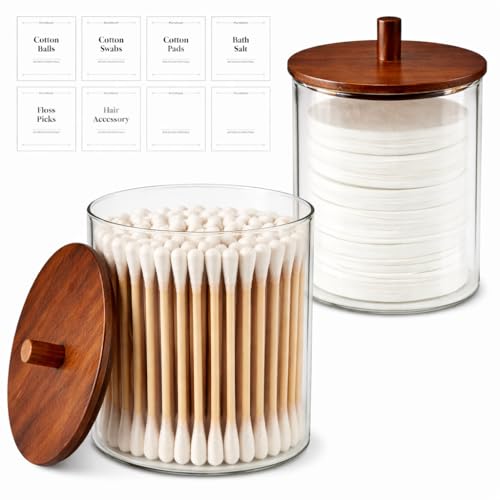 15oz & 10oz Glass Qtip Holder with Acacia Wood Lids, 2 Pack Apothecary Jars | Small Glass Dispenser Jars with Labels, for Cotton Swabs, Cotton Balls, Pads, Floss Picks, Toothpicks, Vanity Organization