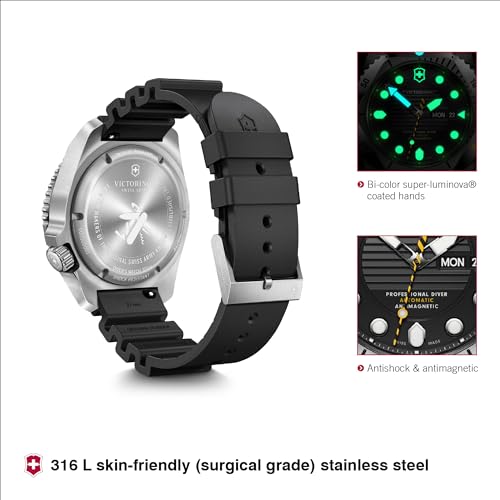 Victorinox Stainless Steel Dive Pro,Automatic Swiss Made Men's Analog Watch,Black Dial,43 Mm,300 M Water Resistant,Sellita Sw 200-1 Movement,Black Rubber Strap,Wrist Watch For... - Image 2