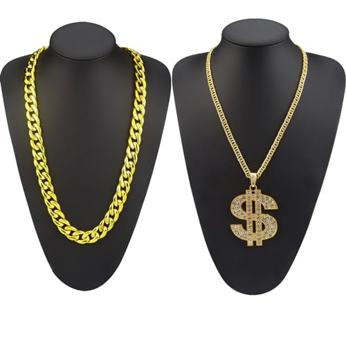 2 Pcs Dollar Sign Pendant Necklace Plastic Fake Chain Set Small Acrylic Hip Hop Rapper Faux Chunky Chain for 80s 90s Costume Jewelry Punk Style for Men Women4
