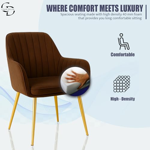 Image of Velvet Accent Chair with Matching Pouffe & Floral Cushion | Upholstered Lounge Armchair with Gold Metal Legs for Living Room, Bedroom, Office & Guest Room (Dark Brown)
