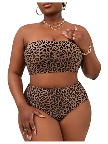 Floerns Women's Plus Size Colorblock Bandeau Bikini Set High Waisted Beachwear