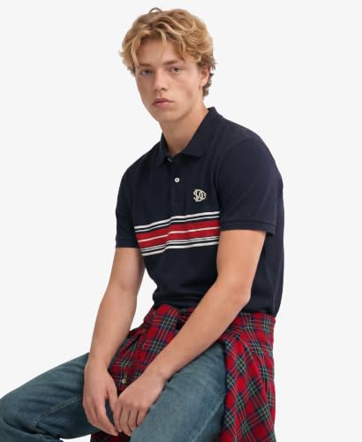 Superdry Vintage Jersey Polo Shirt, Navy Chest Band Stripe, M Men's