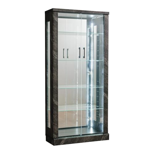 アクシア コレクションケース 石目調 縦 LED ライト付き ガラスケース 幅70 テープライト 奥行30 高さ150 コレクションボード 背面ミラー 酒 ショーケース フィギュア 棚 推し グッズ アクスタ ディスプレイ ハイタイプ (本体:ダークグレー