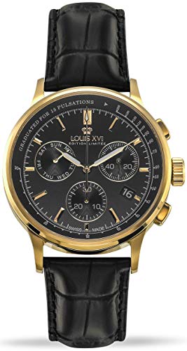 Preisvergleich Produktbild LOUIS XVI Herren-Armbanduhr Monseigneur Chronograph Analog Quarz Leder (Gold Schwarz)