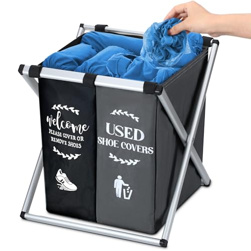 Wonderjune Foldable Disposable Shoe Cover Box Dispenser Fabric Storage Bin Holder with Used Shoe Covers and Welcome Please or Remove Sign for Open House Supplies(Black, Gray)