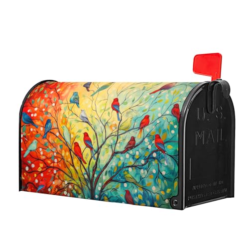 Image of Spring Summer Flower Mailbox Covers Magnetic Standard Size 18x21 Inch Colorful Rainbow Tree of Life Branch Mailbox Covers Spring Abstract Birds Mailbox Wrap Post Letter Box Cover for Home Gadern Decor