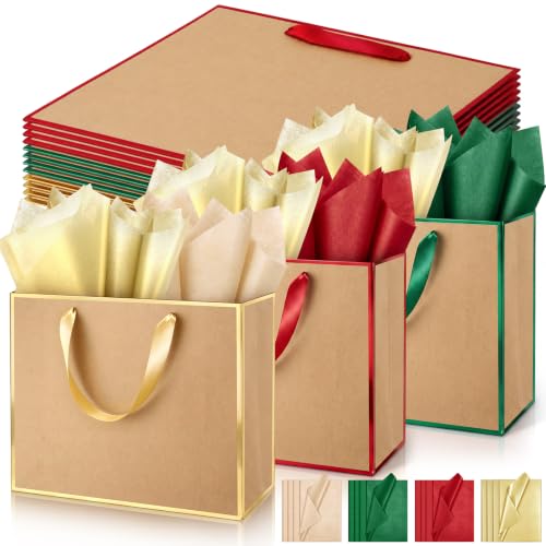 ReliThick 12 Pack Paper Gift Bag with Handles & Tissue, Green, Red, Gold