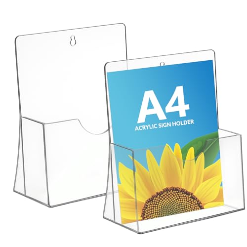Thboxes A4 Leaflet Holder, 2 Pack Clear Leaflet Holder with Hanging Hole Acrylic Brochure Freestanding Booklet Flyer Stand for Office Restaurants Reception