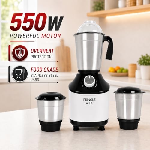 Image of Pringle Alfa 550W 3 Jar Mixer Grinder for Kitchen | 3 SS Jars (Liquidizing, Wet & Dry Grinder & Chutney) | Stainless Steel Blades | Compact & Powerful | 5 Yr Warranty | Black White