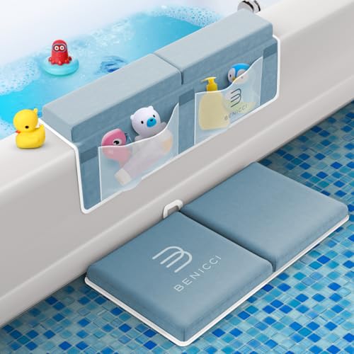 Image of Comfortable Bath Kneeler and Elbow Kneeling Rest Pad for Baby Bathing Parents - Painless Foam Mat with Toy Organizer Pockets - Quick Drying, Foldable, Non-Slip for Baby and Toddler Bathing - Blue