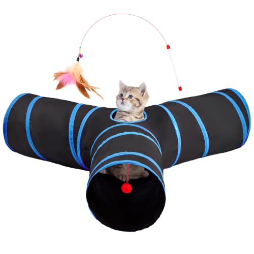 Image of Tempcore Cat Tunnel, 3-Way Collapsible Toy, Large Size Black & Royal Blue | Large Size 3-Way Cat Tunnel Provides More Room for Cats to Run, Hide and Chase, with Peek Holes, Hanging Ball and Teaser Wand