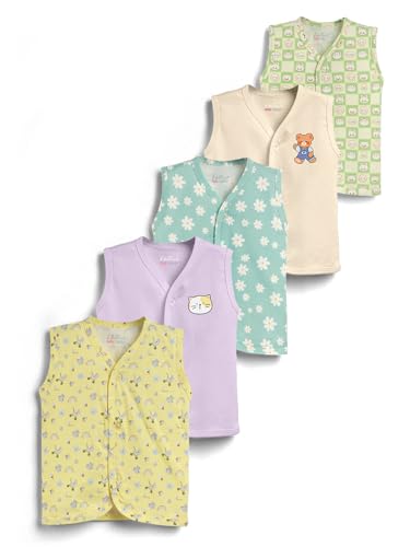 Image of HELLCAT 100% Cotton Front Open Jhabla Vest & T Shirt for Babies - Pack of 5 (Unisex,Sleeveless)