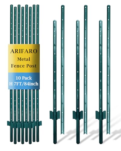 ARIFARO Poteaux de Clôture 215cm Métalliques Robustes, Lot de 10, Pas Besoin de Creuser, Profil en U Pour Clôture en Fil de Fer, en Acier Pour Cour, Fil de...